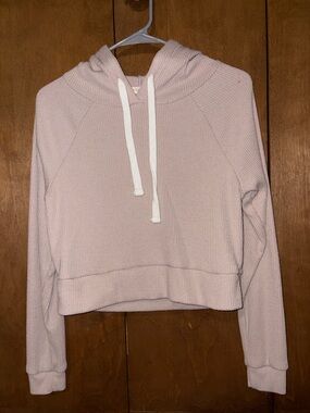 Ultra Flirt Ribbed Cropped Hoodie in Light Pink with White Drawstrings